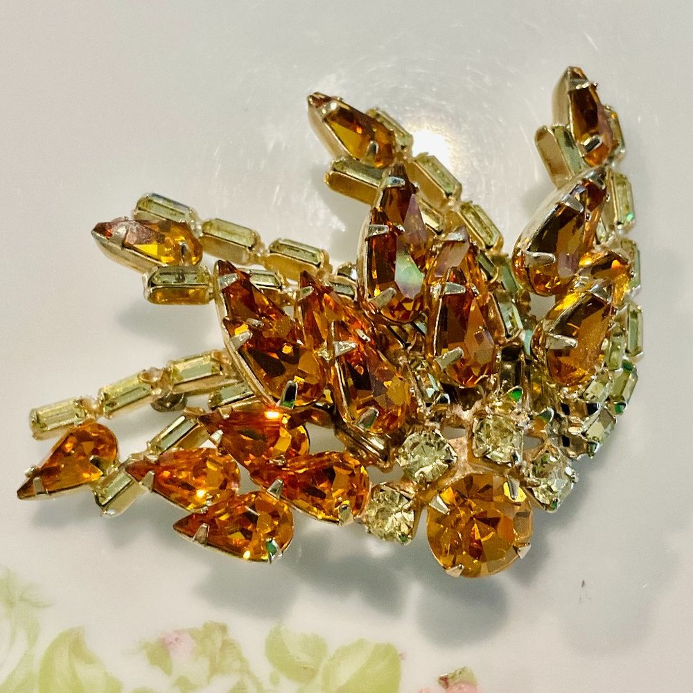 Stacked Orange & Pale Yellow Floral Starburst Brooch